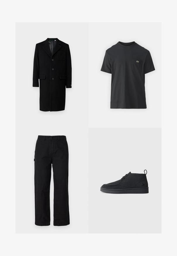 Lacoste Palton clasic - noir; Tricou din bumbac negru, cu mâneci scurte, decolteu rotund și un mic logo verde pe buzunarul stâng al pieptului. Design simplu, fit normal.; Pantaloni cargo negri din bumbac cu un design drept, dotati cu buzunare laterale si inchidere cu buton in fata. Material durabil cu o textura neteda.; Cizme de gleznă din suede negru, cu șireturi, având un tab de prindere și o talpă texturată, prezentând un mic logo de crocodil embossat pe lateral.