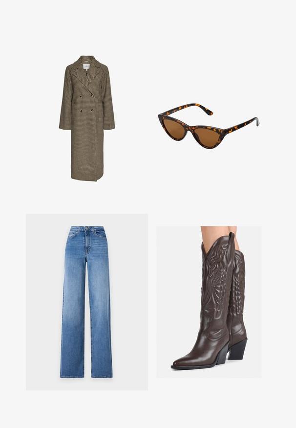 Bruine houndstooth-gepatroneerde lange jas met een dubbelbreasted ontwerp, grote revers en twee knopen aan de voorkant. Gemaakt van textiel met een bijzondere structuur.; Bruine gebreide trui met een hoge geribbelde kraag, brede mouwen en een zachte textuur. Heeft een relaxte pasvorm en geribbelde accenten op de mouwen.; Lichtblauwe wijd uitlopende spijkerbroek van denim, met een hoge taille, voorkruiszakken en een standaard knoopsluiting. Gladde textuur.; Bruine leren cowboylaarzen met een spitse neus en blokhak, voorzien van gedetailleerde stiksels en verhoogde accenten op de schacht.; Cat-eye zonnebril met een zwart en oranje schildpadframe, bruine lenzen en slanke, puntige uiteinden. Bevat een minimalistisch logo op de poot.