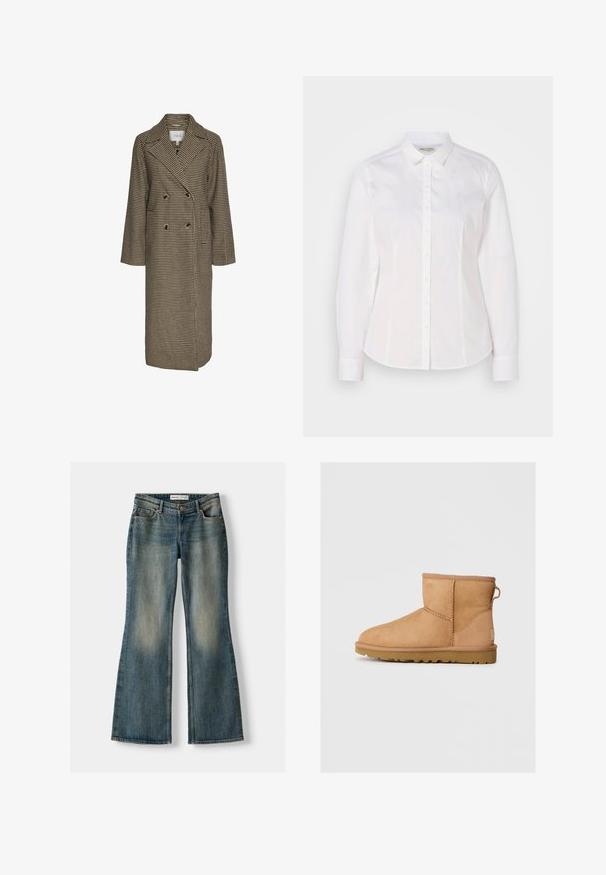 Hnědý dlouhý kabát s houndstooth vzorem, se zapínáním na dvojité knoflíky, velkými klopami a dvěma předními knoflíky. Vyrobeno z texturované látky.; Bílá košile s knoflíky vyrobená z hladké bavlny, s klasickým límcem, dlouhými rukávy a jemným logem na hrudi. Obsahuje přední zapínání na knoflíky.; Modré zvonové džíny se zesvětleným práním, pěti kapsami a zapínáním na knoflík. Materiál vykazuje denimovou strukturu s jemnými detaily šití.; Světlé semišové kotníkové boty s kulatou špičkou, prošívanými detaily, poutkem vzadu a texturovanou gumovou podrážkou. Navrženo pro pohodlí a teplo.