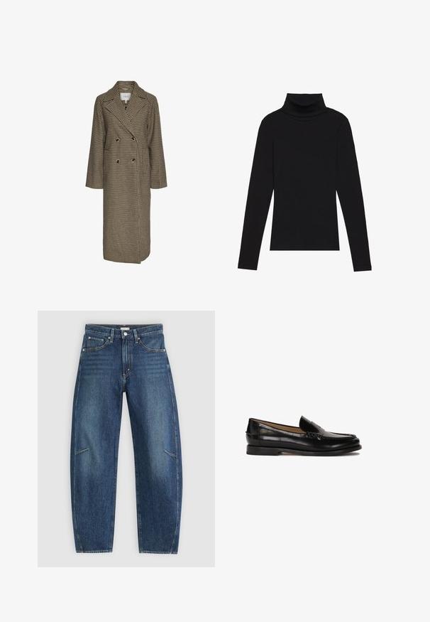 Bruine houndstooth-gepatroneerde lange jas met een dubbelbreasted ontwerp, grote revers en twee knopen aan de voorkant. Gemaakt van textiel met een bijzondere structuur.; Zwarte turtleneck met lange mouwen, gemaakt van ribbelstof, heeft een aansluitend ontwerp met een hoge hals en geen patronen of accenten.; Donkerblauwe denim jeans met een recht afgesneden ontwerp, voorzien van voorzakken, contrasterende stiksels en een subtiele vervaagde textuur op de broekspijpen.; Zwarte leren loafer met een ronde neus, instapontwerp en subtiele stiksels langs de bovenkant. Platte rubberen zool.