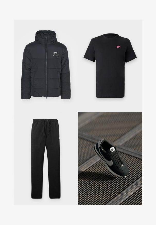 Svart puffjacka med dragkedja fram, justerbar huva och Nike Air-logotyp. Funkar med quiltad textur och långa ärmar. Enkelt och funktionellt design.; Svart bomullströja med rund halsringning och korta ärmar. Har en rosa Nike-logga på den övre vänstra sidan. Slät textur.; Svarta sweatpants i fleece, med resårmidja och dragsko, två framfickor och en liten logotyp på låret.; Svarta Nike-sneakers med grå accenter, material i mocka och nät, texturerad sula, smal form och klassisk snördesign.