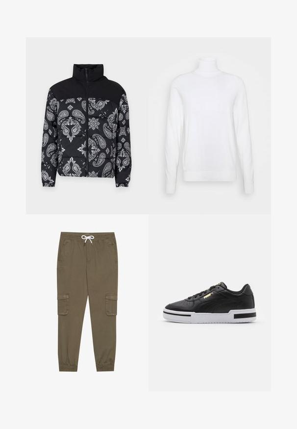 Jack & Jones JJMOON PUFFER - Žieminė striukė - black; Balta golfas su ilgomis rankovėmis, pagamintas iš glotnaus audinio. Pasižymi prigludusia forma, raukšlėtais rankogaliais ir apatine dalimi. Be raštų ar akcentų.; Khaki krovinių kelnės su elastingu juosmeniu ir užtrauktuku, su šoninėmis kišenėmis ir sutrauktomis kulkšnėmis. Pagamintos iš tekstūruotos, lengvos medžiagos.; Juodai odiniai sportbačiai su balta tarpinėmis, perforuotu pirštu, auksiniu logotipu, paminkštintu apykakle ir kontrastingomis juodomis akcentais šone.