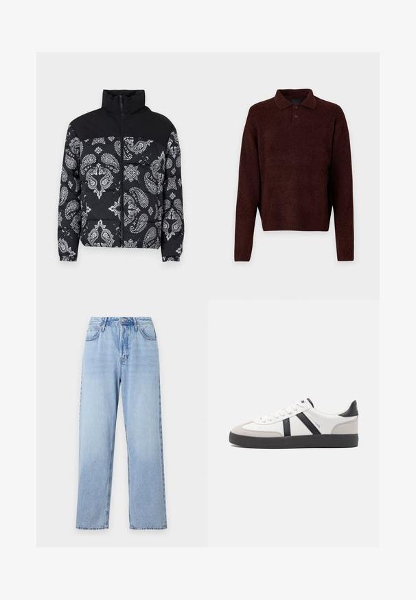 Jack & Jones JJMOON PUFFER - Zimska jakna - black; Rjav pleten pulover s polo ovratnikom, tremi gumbi na vratu in dolgimi rokavi. Mehak material, rebrasti manšeti in rob.; Svetlo modre jeans hlače s ravnim krojem, visokim pasom, petimi žepi in zapiranjem na zgornji gumb. Imajo zbledel videz in kontrastne šive.; Bela športna obutev z črnimi in sivo akcenti, z teksturirano sivo kapico za prste, črnim gumijastim podplatom in ravnimi belimi vezalkami. Čista zasnova, minimalistični slog.