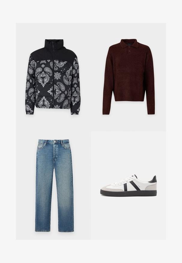 Jack & Jones JJMOON PUFFER - Winterjacke - black; Brauner Strickpullover mit Polo-Kragen, drei Knöpfen am Hals und langen Ärmeln. Weiche Textur, gerippte Bündchen und Saum.; Blaue Denim-Jeans mit geradem Schnitt, klassischem Fünf-Taschen-Design, sichtbaren Nähten und einem ausgewaschenen Finish.; Weiße Sneaker mit schwarz- und grau-aczenten, ausgestattet mit einer strukturierten grauen Zehenkappe, schwarzer Gummi-Sohle und flachen weißen Schnürsenkeln. Sauberes Design, minimalistische Stil.