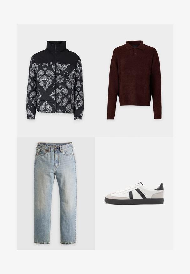 Jack & Jones JJMOON PUFFER - Winter jacket - black; Brown knitted pullover with a polo collar, three buttons at the neck, and long sleeves. Soft texture, ribbed cuffs, and hem.; Light blue denim jeans with high waist, front button, zipper, and five-pocket design, laid flat on a neutral background.; White sneaker with black and gray accents, featuring a textured gray toe cap, black rubber sole, and flat white laces. Clean design, minimalist style.