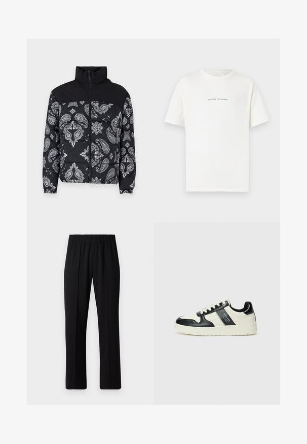 Jack & Jones JJMOON PUFFER - Jachetă de iarnă - black; Tricou alb din bumbac, cu mâneci scurte și guler rotund. Textul centrat spune "BINE AȚI VENIT ÎN PARADIS" într-o font verde curbat.; Pantaloni negri cu talie elastică, cu un design cu picioare drepte, având o textură netedă și fără modele sau accesorii vizibile.; Tenisi din piele cu un scheme de culori negru și crem, dotati cu accente perforate, guler căptușit și o talpă texturată.