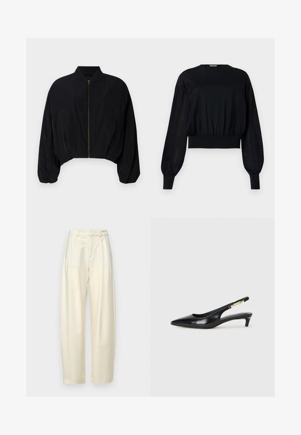 DRYKORN BRADDAN - Bomberjacka - black; Svart kort topp med rund halsringning, puffärmar i lång modell och ribbad avslutning. Har ett tajt elastiskt midjeband och genomskinliga sidopaneler.; Plisserade, högmidjade byxor i ljus gräddfärgad tyg. Har en rak passform och en slät yta. Inga fickor eller synlig hårdvara.; Svart läder slingback-hälar med spetsig tå, med en smal klack och en guldtonad detalj på den justerbara remmen. Slät textur.