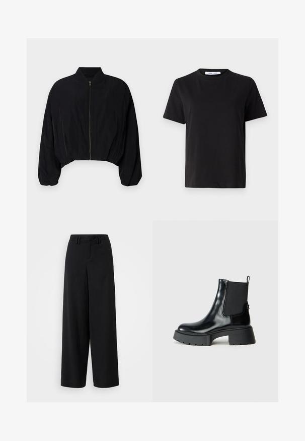 DRYKORN BRADDAN - Bomberjacke - black; Schwarzes T-Shirt mit kurzen Ärmeln aus weicher Baumwolle, mit rundem Ausschnitt, lockerer Passform und glatter Textur. Keine sichtbaren Muster oder Grafiken.; Schwarze weite Hosen aus glattem Stoff, mit einem flachen Frontdesign, gefältelten Details und Gürtelschlaufen am Bündchen.; Schwarze Knöchelstiefel aus glänzendem Leder mit elastischen Seiteneinsätzen, einem Zugtab und einer robusten Gummisohle mit strukturiertem Profil.