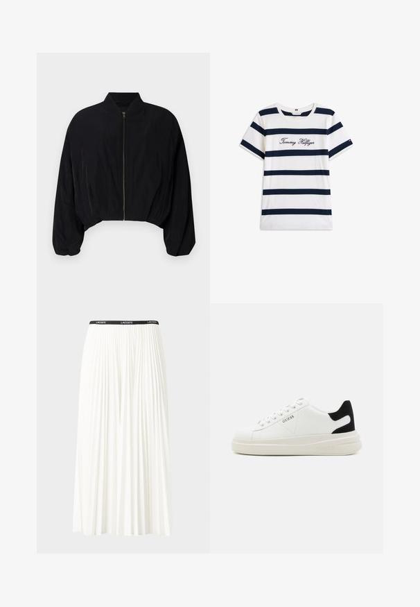 DRYKORN BRADDAN - Giubbotto Bomber - black; T-shirt in cotone con righe orizzontali blu navy su sfondo bianco. "Tommy Hilfiger" ricamato in corsivo sul petto. Collo a giro.; Gonna bianca plissettata con elastico nero in vita che presenta il logo "LACOSTE". Design di lunghezza media con texture morbida.; Sneaker bianchi in pelle con suola spessa bianca, accento in suede nero sul tallone e logo impresso sul lato. Design con lacci e sei fori per i lacci.