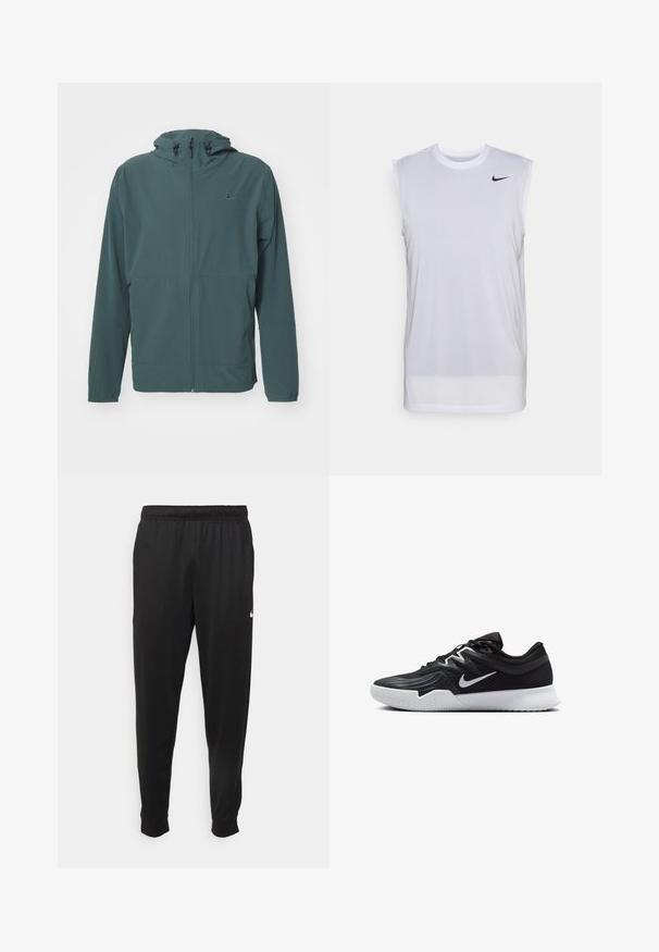 Nike Performance - Kurtka przeciwdeszczowa; Biała bezrękawnik sportowy wykonany z lekkiego materiału. Posiada okrągły dekolt oraz małe czarne logo Nike na górnej lewej części.; Czarne sportowe spodnie wykonane z gładkiego materiału, z elastycznym pasem, zwężanymi nogawkami i małym białym logo po lewej stronie.; Czarne buty sportowe z teksturowaną cholewką, białym logo Nike i białą gumową podeszwą. Charakteryzują się sznurowanym zapięciem i dynamicznym kształtem.