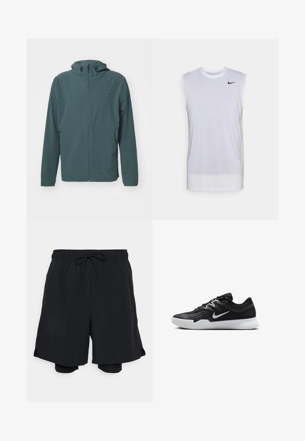 Nike Performance UNLIMITED - Vízálló dzseki - vintage green/black; Fehér ujjatlan sportpóló könnyű anyagból. Kerek nyakkivágással és egy kis fekete Nike logóval a bal felső részen.; Fekete sportos rövidnadrág, könnyű anyagból készült, elasztikus derékpánttal és zsinórral, valamint a testhez simuló bélésrövidnadrággal.; Fekete sportcipő texturált felsőrésszel, fehér Nike logóval és fehér gumitalppal. Fűzős kialakítással és dinamikus formával rendelkezik.