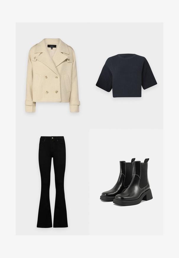 Beige double-breasted wool-blend jacket with notch lapels, two front pockets, and double button closures. Textured fabric with folded cuffs.; Dark navy cropped knit sweater with ribbed texture, short wide sleeves, and a round neckline. Simple design, no visible patterns or accents.; Black high-waist jeans with a button and zip closure, front pockets, and flared legs laid flat on a white background.; Black leather Chelsea boots with a chunky heel, elastic side panels, and contrasting white stitching. Textured finish.