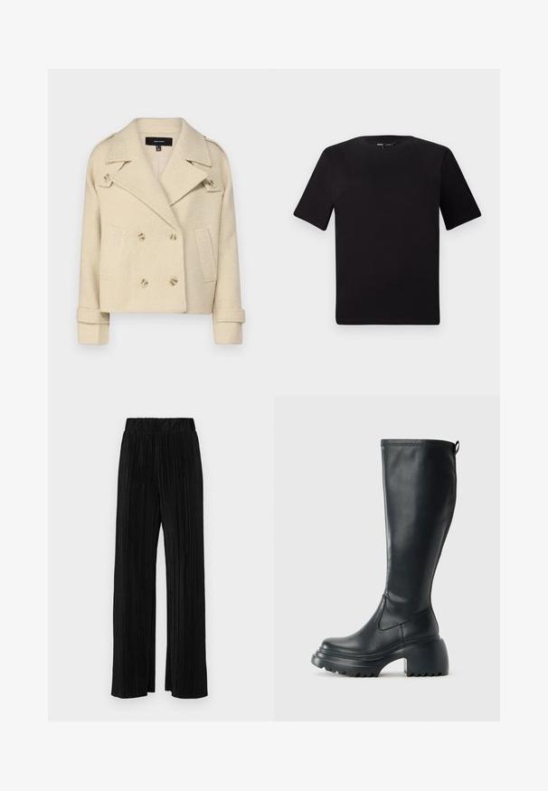 Šviesiai rudos spalvos dvigubos krūtininės vilnonės striukės su įpjovomis apykaklėmis, dviem priekinėmis kišenėmis ir dvigubais mygtukais. Tekstūruota medžiaga su sulenktais rankogaliais.; Juodas trumpas rankovės marškinėlis su apvaliu iškirpimu, pagamintas iš minkštos medvilnės medžiagos. Paprastas dizainas, be matomų logotipų ar raštų.; Juodi plisuoti kelnės su elastine juosta. Turėkite plačias kojas ir glotnų, tekstūrinį audinį su vertikaliais dryžiais.; Ilgas juodos odinės batai su masyvi platforma ir stačiakampiu kulnu, turintys traukimo kilpą ir tekstūruotą pado raštą.