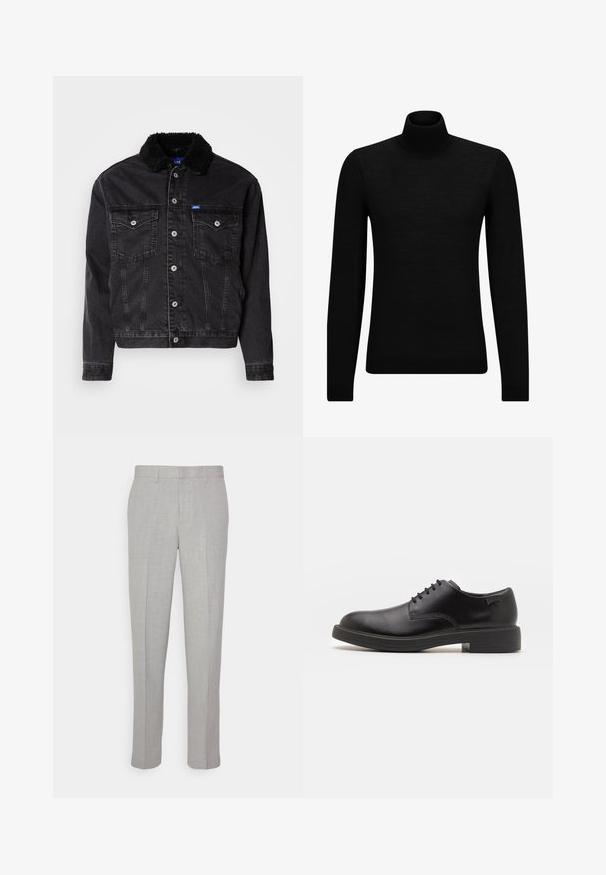 Veste en denim noir avec un col en fausse fourrure noire douce, deux poches poitrine, fermetures à boutons argentés et une coupe légèrement raccourcie.; Pull à col roulé noir en matériau doux, avec des manches longues et une coupe ajustée. Finition côtelée au bas et aux poignets. Design simple.; Pantalons gris clair avec une texture lisse, devant plat et jambes droites. Fabriqués en tissu respirant, avec poches internes et passants de ceinture.; Chaussure noire en cuir à lacets avec un embout arrondi, texture lisse, piqures minimales et un petit talon en caoutchouc. Logo sur le talon.