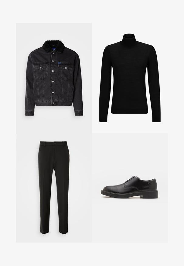 Schwarze Jeansjacke mit einem weichen schwarzen Pelzkragen, zwei Brusttaschen, silberfarbenen Knopfverschlüssen und einem leicht verkürzten Design.; Schwarzer Rollkragenpullover aus weichem Material mit langen Ärmeln und enger Passform. Rippbesatz am Saum und an den Bündchen. Einfaches Design.; Schwarze Hose aus glattem Stoff, mit geraden Beinen, einem Knopfverschluss und einem klassischen Design, das sowohl für formelle als auch für legere Anlässe geeignet ist.; Schwarzer Leder-Schnürschuh mit abgerundetem Zeh, glatter Textur, minimaler Naht und niedrigem Gummiabsatz. Logo auf der Ferse.