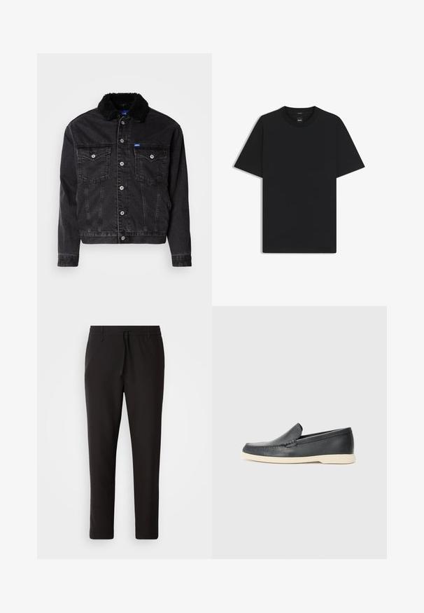 Giacca di jeans nera con un morbido collo di pelliccia nera, due tasche al petto, chiusure a bottone argentate e un design leggermente accorciato.; Maglietta nera a maniche corte realizzata in un morbido misto cotone, con scollatura a girocollo e un design minimalista senza motivi o dettagli.; Pantaloni jogger neri realizzati in tessuto liscio. Presentano una vita elasticizzata con stringa, gambe affusolate e senza tasche visibili. Design semplice.; Mocassini neri in pelle con finitura testurizzata e suola in gomma beige a contrasto. Presentano un accento sottile lungo la parte anteriore.