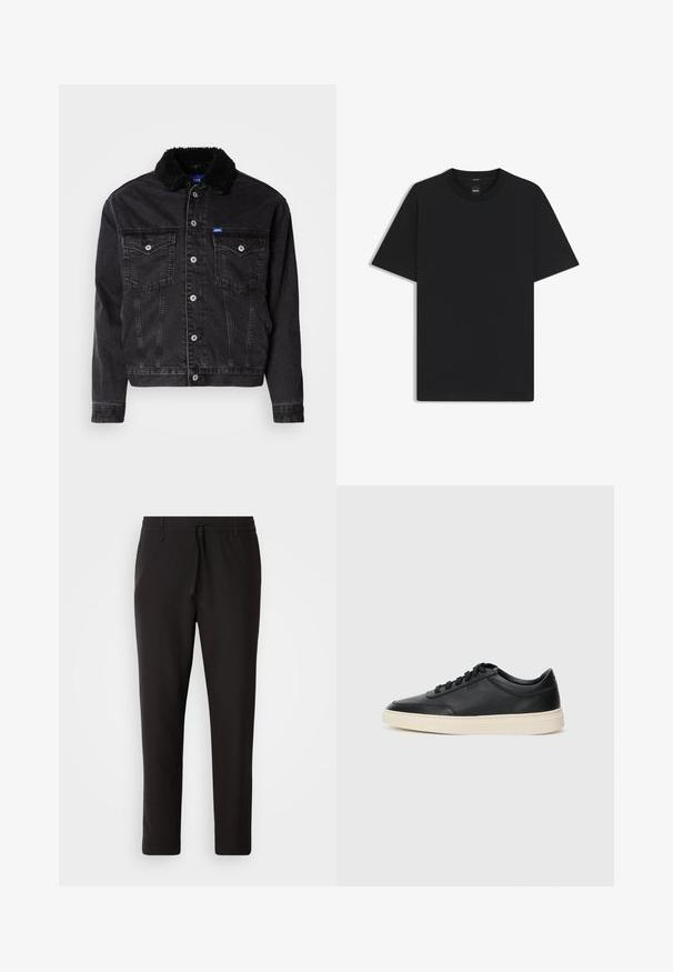Zwarte denim jack met een zachte zwarte bontkraag, twee borstzakken, zilveren knoopsluitingen en een iets verkorte pasvorm.; Zwarte korte mouwen T-shirt van een gladde katoenmix, met een ronde halslijn en een minimalistisch ontwerp zonder patronen of accenten.; Zwarte joggingsbroek van gladde stof. Kenmerkt zich door een elastische tailleband met een trekkoord, taps toelopende benen en geen zichtbare zakken. Eenvoudig ontwerp.; Zwarte leren sneaker met lage schacht, zwarte veters en off-white zool, weergegeven in zijprofiel op een witte achtergrond.