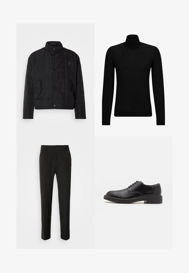 Black quilted jacket with a stand collar, featuring snap buttons and side pockets, made of shiny, lightweight material.; Black turtleneck sweater made of soft material, featuring long sleeves and a snug fit. Ribbed trim at the hem and cuffs. Simple design.; Black trousers made of smooth fabric, featuring straight legs, a button closure, and a classic design suitable for formal or casual wear.; Black leather lace-up shoe with a rounded toe, smooth texture, minimal stitching, and a low rubber heel. Logo on the heel.