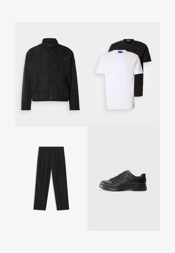 Black quilted jacket with a stand collar, featuring snap buttons and side pockets, made of shiny, lightweight material.; Two T-shirts stacked: one white and one black. Short sleeves, round necklines, cotton fabric. Features a small blue logo at the neckline.; Black trousers with a pleated design, wide leg shape, and a smooth texture. Features a red waistband tag.; Black leather sneaker with textured upper, padded collar, and red logo detail. Features a thick rubber sole with distinct tread pattern.