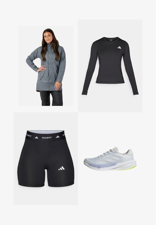 Swedemount VÄDERÖARNA szary; Czarna, długa koszulka sportowa z długim rękawem, wykonana z gładkiego, elastycznego materiału. Posiada białe logo na piersi. Dopasowany krój z okrągłym dekoltem.; Czarne szorty wykonane z elastycznej tkaniny o dopasowanym kroju. Posiadają szeroki czarny pas z napisem "TECHFIT" oraz biały logo na nodze.; Białe buty sportowe z oddychającą siateczką, teksturowanym wzorem i lawendowym akcentem. Mają miękką podeszwę z zielonymi detalami na podeszwie.