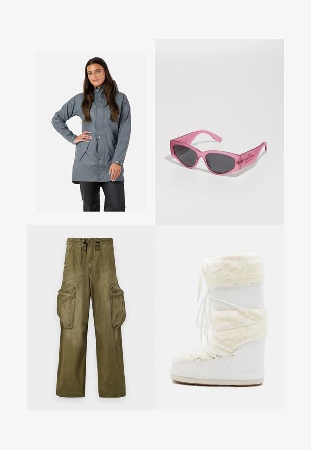 Swedemount VÄDERÖARNA - Impermeabile - grey; T-shirt a manica corta con stampa leopardata rosa, caratterizzato da un colletto rotondo e polsini rosa a contrasto, realizzato in materiale morbido ed elasticizzato.; Pantaloni cargo verde oliva con vestibilità rilassata, cintura elastica, cordoncino, due tasche laterali e due ampie tasche cargo. Leggero strappo.; Stivali Moon Boot bianchi con parte superiore in pelliccia sintetica, chiusura con lacci sul davanti e suola in gomma. Finitura testurizzata e logo impresso sul lato. Design chunky e imbottito.; Occhiali da sole rosa trasparenti con forma angolare a occhio di gatto, lenti scure, e testo embossato sulla tempia che recita "GLI OCCHIALI DA SOLE."