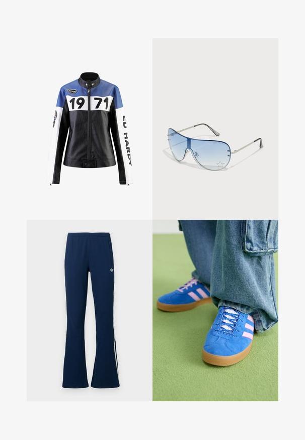 Giacca in pelle nera e blu con accenti bianchi, caratterizzata da stampa in grassetto "1971" e "ED HARDY", chiusura con zip e dettaglio del colletto a scatto.; T-shirt bianco a maniche lunghe in cotone, con collo rotondo, spalle scese e un logo discreto sul petto. Texture morbida.; Pantaloni della tuta blu navy a coste svasati con strisce laterali bianche e logo ricamato sul lato sinistro, dotati di due tasche laterali.; Scarpe scamosciate blu con strisce rosa e lacci bianchi, dotate di una suola in gomma, abbinate a pantaloni di denim larghi su una superficie verde.; Occhiali da sole aviator con lenti blu sfumate, montatura in metallo argentato e decorazioni a forma di stella sulle lenti. Design liscio e sofisticato.