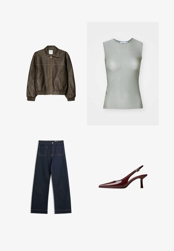 Brun läderbomberjacka med dragkedja fram, spetsig krage, elastiska manschetter och nederkant, samt sidofickor. Kontrastsydda sömmar synliga.; Ärmlös ljusgrön topp gjord av slät tyg, med hög urringning och en figurnära silhuett. Inga synliga detaljer eller mönster.; Mörkblå vida jeans i denim med kontrasterande beige sömmar, två bakfickor och en knappstängning i midjan.; Vinröd patenterad läder pump med slingback, spetsig tå, medelhög kitten-häl och silver spänne på vit bakgrund.