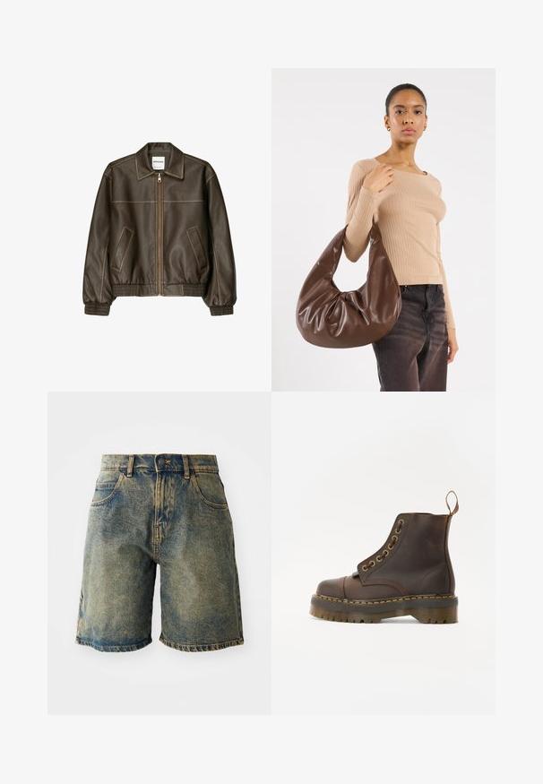 Brown leather bomber jacket with a zip front, pointed collar, elasticized cuffs and hem, and side pockets. Contrast stitching visible.; White ribbed tank top with a round neckline and sleeveless design, featuring "Dickies" in black lettering across the chest.; Denim shorts in a faded blue color, featuring five pockets, a button closure, and frayed hems, with a slightly distressed texture.; Brown leather ankle boot with a round toe, contrasting yellow stitching, decorative metal eyelets, and a grooved rubber sole.; Brown leather hobo bag with a slouchy design and smooth texture. Worn casually by a model, featuring a large opening and rounded shape.