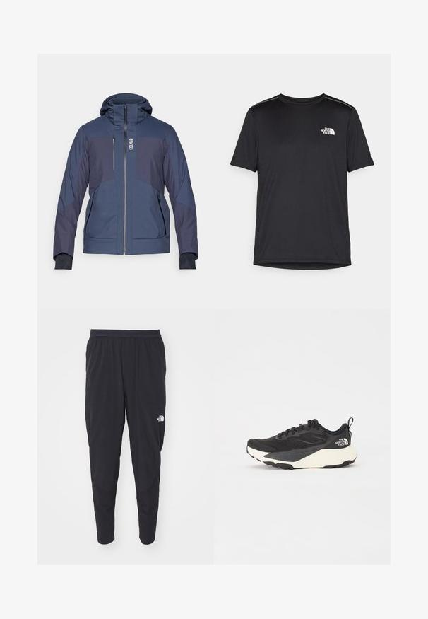 Colmar MENS JACKET - Skidjacka - navy blue; Svart kortärmad T-shirt i lättviktig tyg. Har en liten vit logotyp på vänster bröst och subtila axeltoner.; Svarta träningbyxor med elastisk midja, smalnande ben och sidofickor. Har en diskret logotyp på låret. Slät textur.; Svart sportskor med strukturerad meshöversida, helt svarta detaljer och vit lätt sula. Utökad med snörning och dragflik.