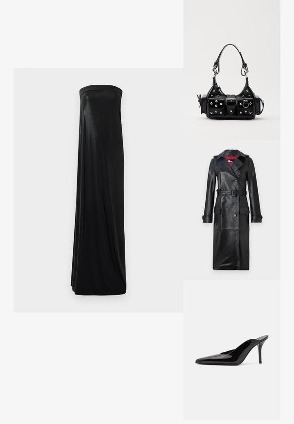 The Kooples Trenchcoat - black; Zwart strapless maxi-jurk van glanzende, soepele stof. Heeft een getailleerde buste en een vloeiende silhoutte die de vloer raakt, zonder versieringen.; Zwarte gepatineerde leren hoge hak muiltjes met een spitse neus en een slanke silhouet, met een open achterkant en een slanke stilettohak.; Zwarte lederen handtas met een gebogen ontwerp, voorzien van zilveren studs, een gesp en twee zijvakken. Verstelbare schouderband voor verschillende draagmogelijkheden.