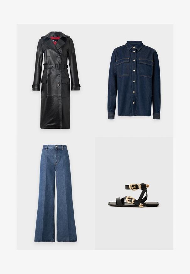 The Kooples Trenchcoat - black; Dark denim shirt with a collared neck, two chest pockets, and metallic buttons. Features contrast stitching and long sleeves with buttoned cuffs.; Wide-leg blue denim jeans with a high waist, featuring classic five-pocket styling and a button closure, made from textured cotton fabric.; Black leather sandals with gold buckle accents, featuring multiple straps and a flat sole design for open-toe wear.