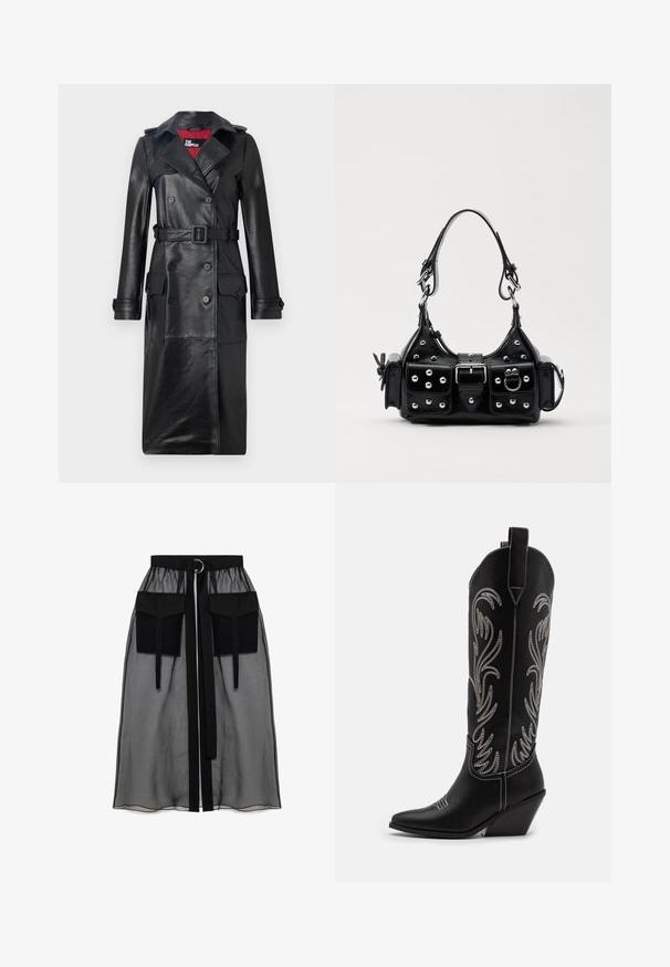 The Kooples Trenchcoat - black; Donkerblauwe ribgebreide coltruidress met korte mouwen, met een aansluitend ontwerp en een zachte textuur. Verstelbare kraag voor een gepersonaliseerde pasvorm.; Zwarte doorschijnende rok met een verzameld tailleband, voorzien van twee grote voorzakken, een tailleband met strik en een ronde metalen accent.; Zwarte leren cowboylaarzen met spitse neuzen, wiggenhakken en zilver geborduurde bloemmotieven langs de schacht. Contrasterende stiksels overal.; Zwarte lederen handtas met een gebogen ontwerp, voorzien van zilveren studs, een gesp en twee zijvakken. Verstelbare schouderband voor verschillende draagmogelijkheden.