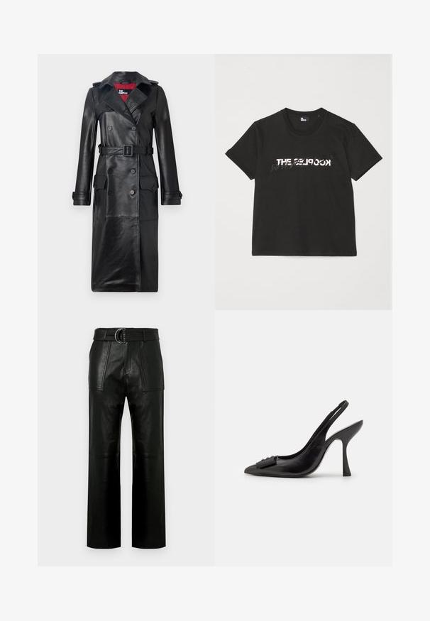 The Kooples Trenchcoat - black; Schwarzes Baumwoll-T-Shirt mit kurzen Ärmeln, das ein gedrucktes weißes und graues "THE 2LOOK"-Design auf der Vorderseite zeigt. Klassischer Rundhalsausschnitt.; Hochtaillierte schwarze Lederhose mit weitem Bein, großen aufgesetzten Taschen vorne und einem passenden Gürtel mit Doppelringverschluss.; Schwarzer Leder-Slingback-Schuh mit spitzem Zehenbereich, schlankem High Heel und dekorativem Schleifenakzent. Glatte Textur und elegantes Design.
