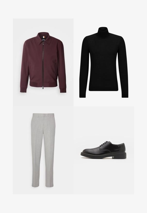 Bordo švarkas, pagamintas iš lygaus audinio, su priekyje esančia užtrauktuku, apykakle ir gumuotais rankogaliais bei apatine dalimi.; Juodas aukšto kaklo megztinis, pagamintas iš minkštos medžiagos, su ilgomis rankovėmis ir prigludusia forma. Su raukiniais apačioje ir rankogaliuose. Paprastas dizainas.; Šviesiai pilki kelnės su lygiu paviršiumi, plokščiu priekiu ir tiesiomis kojomis. Pagamintos iš kvėpuojančios medžiagos, su vidinėmis kišenėmis ir diržo kilpomis.; Juodas odinis batų modelis su raišteliais, apvaliu nosiu, lygiu paviršiumi, minimaliai siuvinėjimu ir žemu guminėmis pakulne. Ant pakulnės šalia logo.