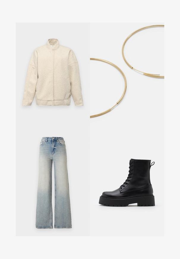 Kreemivärviline fliiskate kõrge kraega, ülemõõdulise lõikega ja peidetud esi sulgurega. Omab küljetaskuid ja tekstuurset kangast.; Vero Moda VMNEWCREAM FUNNELNECK PULLOVER - Neule - black/birch; Vaaleansiniset leveälahkeiset farkut, joissa on korkea vyötärö, viisi taskua ja näkyvät ompeleet saumoissa.; Musta nahkainen nilkkureita, joissa on pyöreä kärki, nauhakiinnitys edessä ja paksu kumipohja, jossa on teksturoitu pinta. Takana vetotappi.; Kultaiset rengaskorvakorut, ohuet ja pyöreät, joissa on sileä metallipinta ilman koristeluja tai kuvioita.