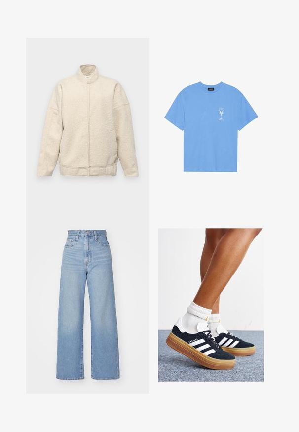 Cream-colored fleece jacket with a high collar, oversized fit, and hidden front closure. Features side pockets and textured fabric.; Light blue cotton t-shirt with a round neckline. Features a white graphic of a palm tree and text on the left chest area. Short sleeves.; Light blue high-waist wide-leg jeans with front button and zip closure, front and back pockets, on a white background.; Black suede sneakers with white stripes and accents, rounded toe, gum rubber outsole, paired with white ribbed crew socks.