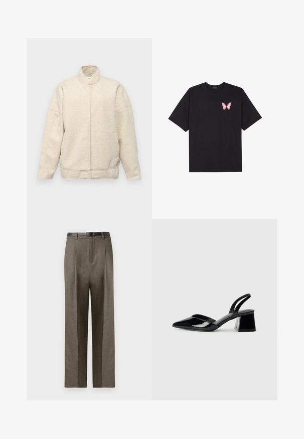 Cream-colored fleece jacket with a high collar, oversized fit, and hidden front closure. Features side pockets and textured fabric.; Black cotton t-shirt with short sleeves, featuring a small pink butterfly graphic on the left chest. Crew neck design with a relaxed fit.; Brown tailored trousers with a straight cut, featuring a smooth texture, belt loops, and a flat front design.; Black patent leather slingback heels with a pointed toe and a geometric block heel. Features a sleek, minimal design and smooth texture.