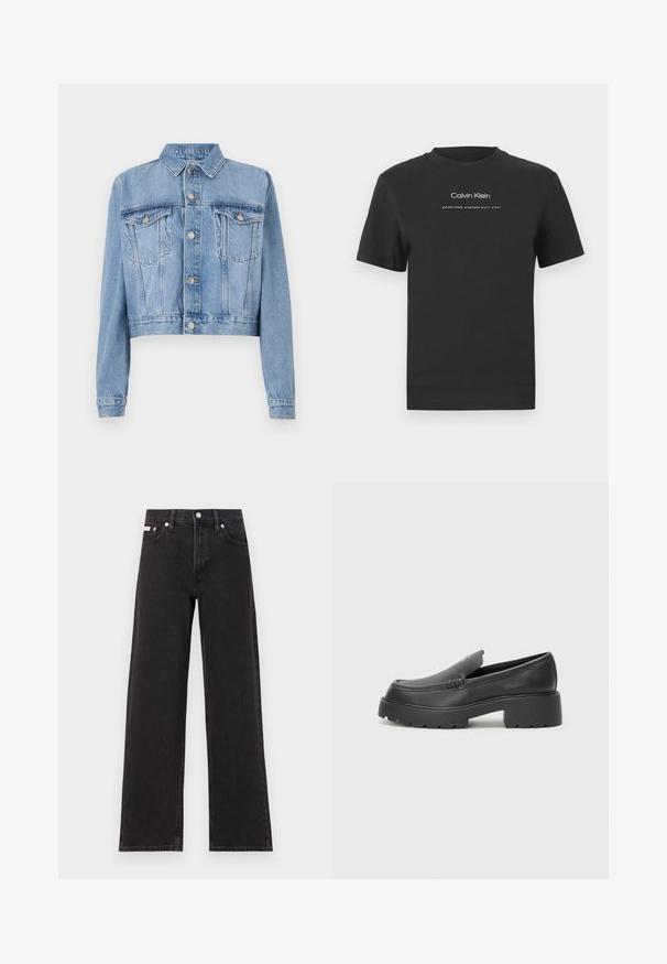 Svetlo modrá denimová cropped bunda s gombíkovou prednou časťou, dvoma náprsnikmi a golierom. Má vyblednutú textúru a viditeľné švy.; Čierne bavlnené tričko s okrúhlym výstrihom, kratkými rukávmi a bielou potlačou loga "Calvin Klein" a textu "Established 1968".; Čierne široké džínsy vyrobené z denimu, s vysokým pásom, piatimi vreckami a kovovým zapínaním s kontrastným šitím.; Čierne kožené mokasíny s okrúhlou špičkou, hrubou textúrovanou podrážkou a minimom stehovej výzdoby. Štíhly dizajn bez viditeľných šnúr alebo kovania.