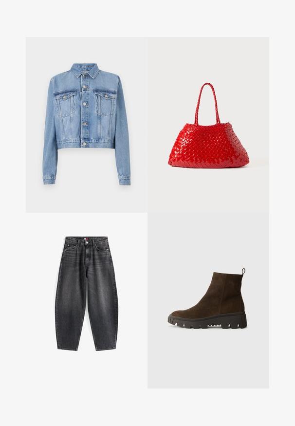 Giacca in denim azzurro chiaro, taglio cropped, con chiusura a bottoni sul davanti, due tasche sul petto e colletto. Presenta una texture sbiadita e dettagli di cucitura visibili.; Polo a maniche lunghe blu chiaro con righe orizzontali grigie e bianche e colletto.; Jeans in denim nero a vita alta con una vestibilità rilassata, dotati di cinque tasche, passanti per la cintura e un'etichetta del marchio sulla cintura.; Stivaletto in camoscio marrone con suola in gomma nera chunky, caratterizzato da un leggero tacco e una linguetta sul retro per una facile calzata.; Borsa intrecciata rossa con finitura lucida, dotata di manici intrecciati. Forma triangolare distintiva e superficie testurizzata con un motivo fitto.