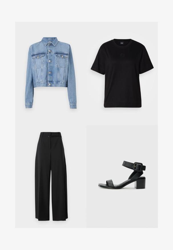 Heledsinine denimist lühendatud jakk, millel on nööpidega avamine, kaks rinnakotti ja krae. Sisaldab pleekinud tekstuuri ja nähtavaid õmbluse detaile.; Mustmust särk, millel on ümar kaelus, lühikesed varrukad ja tindiga tikitud logo rinnal. Lihtne, mugav lõige ilma mustriteta.; Mustad laiad püksid kõrge vöökoht ja vööga. Omavad siledat tekstuuri ja puhtaid jooni, disainitud lõdva istumise jaoks.; Must mustlastest mustaala sandaal, millel on reguleeritav pahkluu rihm, avatud varvaste disain ja ruudukujuline plokknina. Sujuv tekstuur, minimalistlik stiil.
