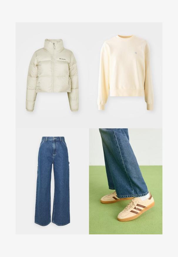 Cropped puffer jacket in light beige, made of nylon with a smooth texture, high neck, full-length zipper, and elastic cuffs.; Light yellow sweatshirt with long sleeves, crew neckline, ribbed cuffs, and a small logo on the chest. Made from soft, textured fabric.; Wide-leg blue denim trousers with a high waist, contrasting stitching, and side pockets, featuring a classic five-pocket design and raw hems.; Beige sneakers with textured cream panels and brown stripes, paired with blue denim jeans. The jeans have a wide leg and frayed hem.