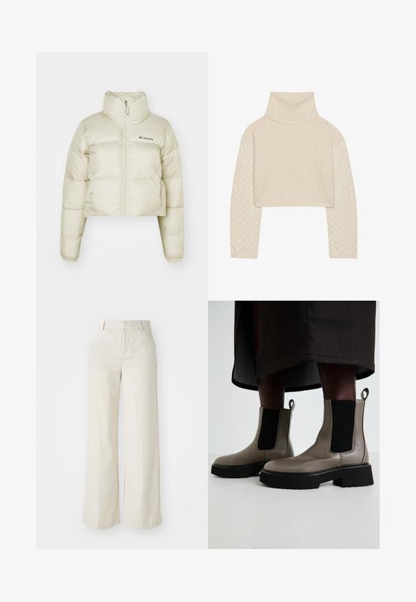 Zkrácená péřová bunda v světlé béžové barvě, vyrobená z nylonu s hladkou texturou, vysokým límcem, celoplošným zipem a elastickými manžetami.; Krémově zbarvený zkrácený svetr s vysokým límcem, texturovaným pleteným tělem a rukávy s rybí kostrou. Vyrobeno z měkké příze.; Kalhoty s širokými nohavicemi v jasně béžové barvě, vyrobené z hladkého materiálu. Mají klasický pas a plochý přední díl s čistými liniemi.; Šedé kotníkové boty vyrobené z texturované kůže s elastickými bočními panely a masivní černou podrážkou. Obsahují poutka pro snadné obouvání.