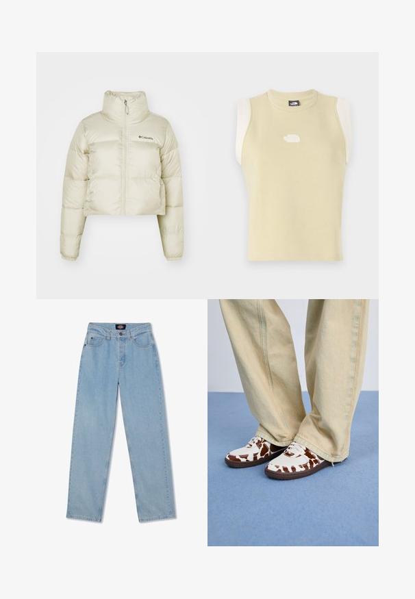 Giacca a vento cropped di colore beige chiaro, realizzata in nylon con una texture liscia, colletto alto, zip a lunghezza intera e polsini elasticizzati.; Top senza maniche in cotone giallo pastello con scollatura rotonda. Presenta pannelli nella parte delle spalle in crema a contrasto e un logo testurizzato sul petto.; Jeans in denim azzurro chiaro con taglio dritto, cinque tasche, chiusura a bottoni e leggera scoloritura sul davanti.; Sneakers bianchi e marroni con motivo, realizzati in rete e pelle, dotati di suole in gomma marrone. Combinati con pantaloni larghi di un beige chiaro.