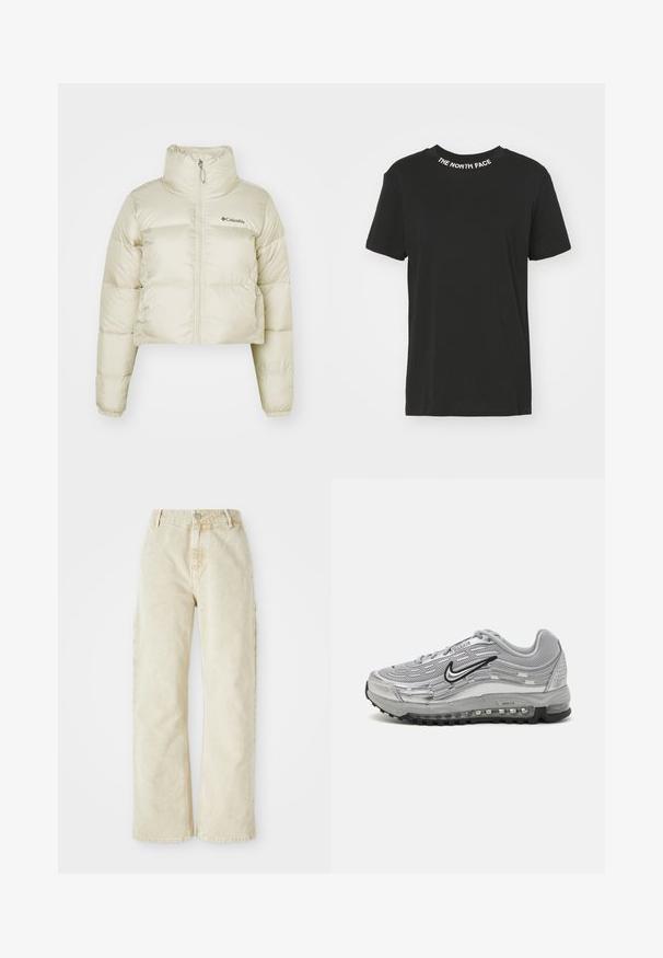 Lyhyt puffatakki vaaleanbeigellä värillä, valmistettu nailonista, jossa on sileä pinta, korkea kaulus, täysipitkä vetoketju ja joustavat hihansuut.; Musta puuvillainen t-paita, jossa on pyöreä kaula-aukko. Kuvastaa valkoista "THE NORTH FACE" -logoa kauluksessa. Lyhyet hihat ja suora helma.; Beige levele denimhousut korkealla vyötäröllä, joissa on edessä napitus ja vetoketju, vyölenkit sekä sivutaskut. Pehmeä rakenne.; Harmaat Nike Air Max -lenkkarit, joissa on verkko- ja synteettinen päällinen, aaltoileva muotoilu, mustat yksityiskohdat ja näkyvä ilmanvaimennusyksikkö.