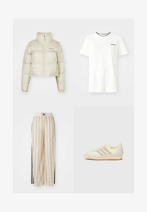 Skraćena puffer jakna u svijetlosmeđoj boji, izrađena od najlona s glatkom teksturom, visokim ovratnikom, punim zatvaračem i elastičnim manžetama.; Bijela pamučna majica kratkih rukava s okruglim izrezom. Ima crni Adidas logo na prsima i kontrastnu crnu unutrašnju ovratniku.; Pantalone širokog kroja krem boje s zigzag uzorkom, koji sadrži sivi pojas s crnim logotipom i bočne crne pruge. Lagani, teksturirani materijal.; Kremaste atletske tenisice s tri bež pruge, od nubuk kožne i tekstilne tkanine, s teksturiranim potplatom i utisnutim brendiranjem na peti.