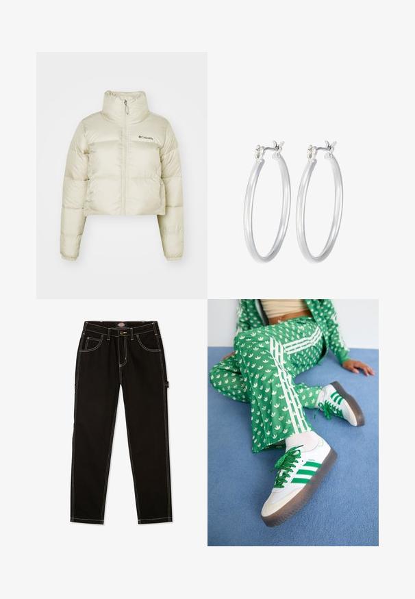Korte pufferjack in lichtbeige, gemaakt van nylon met een gladde textuur, hoge hals, ritssluiting over de volle lengte en elastische manchetten.; Drie tanktops in mintgroen, zwart en beige; gemaakt van ribbelstof met een ronde halslijn en zonder mouwen. Merkenlabel zichtbaar.; Zwarte denim broek met contrasterende witte stiksels, vijf zakken en een label aan de zijkant. Standaard pasvorm, rechte pijpdesign.; Groene trainingsoutfit met witte bloemenpatronen en witte strepen, gecombineerd met witte sneakers met groene strepen en glanzende veters.; Zilveren oorbellen in de vorm van een gladde, gepolijste ring. Ronde vorm met een veilige kliksluiting. Lichtgewicht ontwerp, geschikt voor dagelijks gebruik.