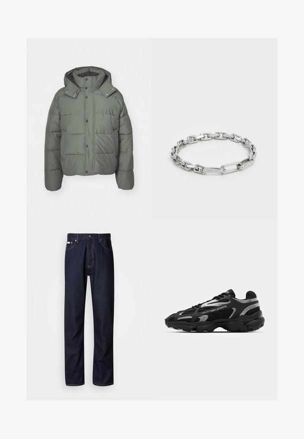 Green puffer jacket with a hood, made of quilted fabric. Features snap buttons, side pockets, and a textured finish.; Green cotton T-shirt with short sleeves, round neck, featuring a large white CK logo on the chest and "Calvin Klein EST 1968" text.; Dark blue denim jeans with a straight-leg design, featuring a button fly, five pockets, and contrasting stitching details.; Black athletic shoes featuring a combination of mesh and synthetic materials, reflective silver accents, and textured soles for grip.; Silver chain bracelet featuring oval and rectangular links with a smooth texture. Engraved Calvin Klein logo on a flat link.