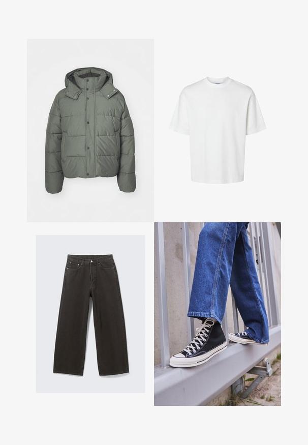 Zeleni jakna s kapuljačom, izrađena od podstavljene tkanine. Sadrži dugme sa pritiskom, bočne džepove i teksturiranu završnu obradu.; Bijela pamučna majica kratkih rukava, s okruglim izrezom i opuštenim krojem. Glatka tekstura bez vidljivih uzoraka ili ukrasa.; Široke crne traperice imaju visok struk, dizajn s pet džepova i zatvaranje na dugme. Tkanina ima mekan, teksturiran završetak.; Crne visoke tenisice s bijelim potplatom i vezicama, u kombinaciji s širokim plavim trapericama, naslonjene na sivi ogradu.