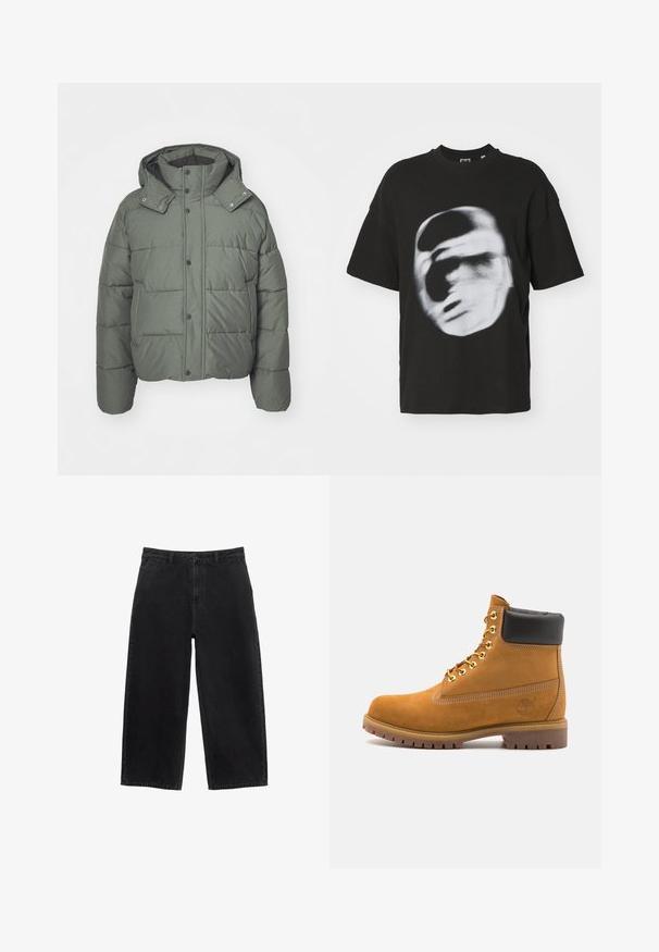 Green puffer jacket with a hood, made of quilted fabric. Features snap buttons, side pockets, and a textured finish.; Black cotton t-shirt featuring a blurred white graphic of a face. Short sleeves and a round neck design.; Black denim wide-leg pants with a high waist, featuring a front button closure and standard pockets. Smooth texture and clean lines.; Tan suede ankle boot with black padded collar, gold metal eyelets, white stitching detailing, and rugged rubber sole with pronounced treads.