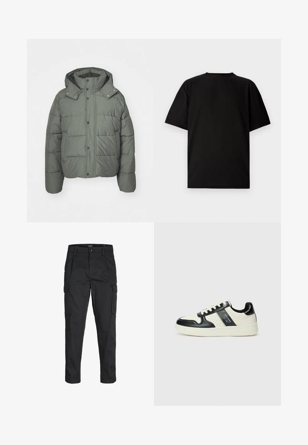 Grüne Pufferjacke mit Kapuze, aus gepolstertem Stoff. Verfügt über Druckknöpfe, Seitentaschen und eine strukturierte Oberfläche.; Schwarzes kurzärmeliges T-Shirt aus geripptem Stoff. Mit rundem Halsausschnitt und lockerer Passform sowie glatter Textur. Nur Rückansicht.; Schwarze Cargo-Hose aus robustem Material, mit mehreren Taschen, einem Knopfverschluss und einem Slim-Fit-Design mit schmal zulaufenden Beinen.; Leder-Sneaker in Schwarz- und Cremetönen, mit perforierten Akzenten, einem gepolsterten Kragen und einer strukturierten Laufsohle.